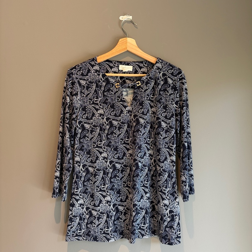 Elegant Navy Floral Blouse with Lace-Up Detail